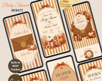 May include: A digital baby shower website template featuring a fall-themed design with orange and white stripes, pumpkins, autumn leaves, and gift boxes. The screens display text including Fall in Love, Baby Shower, Diaper Raffle, and Gift Registry.