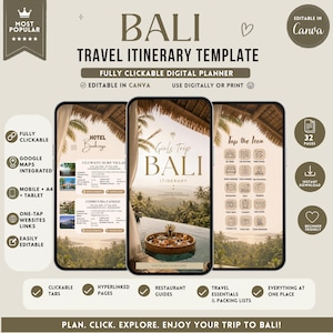 Può includere: Un modello digitale di itinerario di viaggio a Bali, completamente cliccabile e modificabile in Canva. Il design presenta tre mockup di smartphone che mostrano le pagine dell'itinerario, con la parola "BALI" in evidenza. Include guide ai ristoranti ed elenchi di imballaggio.