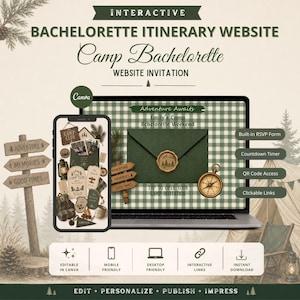 Plantilla web para invitación a despedida de soltera en un campamento, invitación editable en Canva, invitación para despedida de soltera + confirmación de asistencia, planificador digital para fin de semana de chicas.
