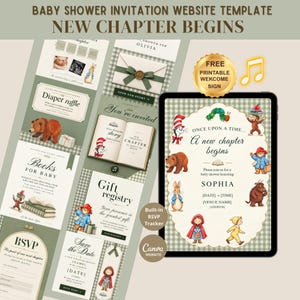 A New Chapter Begins Baby Shower Invitation Website, Classic Storybook Invite Canva Template with RSVP, Vintage Neutral Book Theme Editable