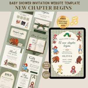 Könnte beinhalten: Eine digitale Babyparty-Einladungsvorlage mit grünem Vichy-Muster und Illustrationen von Märchenfiguren. Das Layout enthält Abschnitte für Veranstaltungsdetails, eine Windel-Tombola, eine Geschenkliste und RSVP, mit dem Text "NEW CHAPTER BEGINS" und "ONCE UPON A TIME".