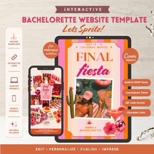 Op de afbeelding: Een interactieve website-sjabloon voor een vrijgezellenfeest met een roze en oranje gestreept ontwerp, de tekst Final Fiesta, Lets Spritz en Emma's Bachelorette, weergegeven op een mobiele telefoon en een tablet-scherm.