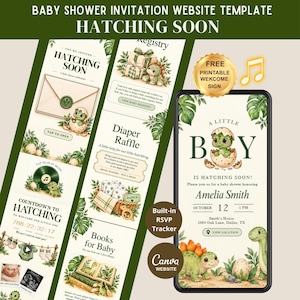 Invito per baby shower a tema dinosauri con conferma di partecipazione, invito digitale per maschietto in arrivo, modello Canva modificabile a tema piccolo dinosauro verde.