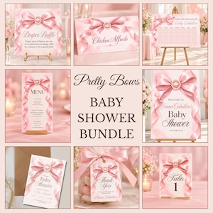 Op de afbeelding: Een baby shower stationery set met een roze aquarelthema, geïllustreerde satijnen strikken en parelaccenten. De set bevat bordjes voor een luierloterij, menu, raadspel voor de uitgerekende datum, welkomstbord, uitnodiging en bedankkaartjes.