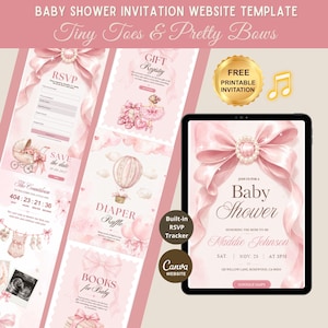 May include: A digital baby shower invitation website template titled Tiny Toes & Pretty Bows, featuring a pink color palette with illustrations of bows, pearls, a baby carriage, a hot air balloon, and a ballerina. Includes RSVP and registry sections.