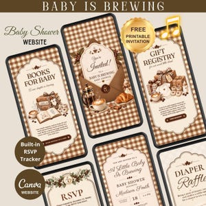 May include: A digital baby shower website template featuring a brown and white gingham background. The screens display text including BABY IS BREWING, BOOKS FOR BABY, GIFT REGISTRY, RSVP, and DIAPER RAFFLE, decorated with coffee-themed illustrations.