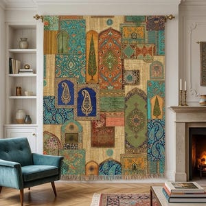 May include: A large, colorful tapestry with a patchwork design. The tapestry features various patterns and colors, including teal, gold, and orange. The design includes archways, paisley, and tree motifs. The tapestry is hanging on a wall above a fireplace.