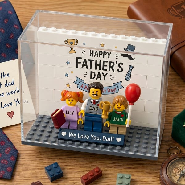 Custom Father's Day Gift Brick Figure Display Case, Personalized Family Toy Blocks Portrait, Birthday Gift for Dad Husband, Anniversary Gift