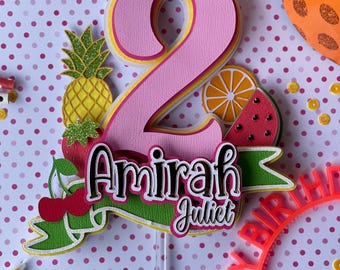 Two frutti Cake topper, Twotii Fruitti,  fruits cake topper, strawberry, cherry, piña, pineapple, 2nd birthday cake topper