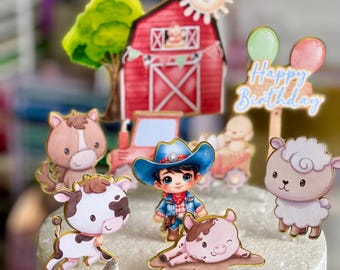 Farmer boy cake topper, Farm animals, cowboy and animals cake topper, cowboy