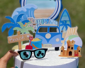Beach cake topper, summer cake topper, surfer boy