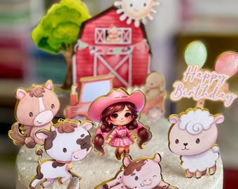 Farmer girl cake topper, Farm animals, cowgirl and animals cake topper, cowgirl