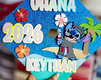 Stitch Graduation Cap, Personalized Ohana Name, 2026 Grad Decor, Stitch Birrete