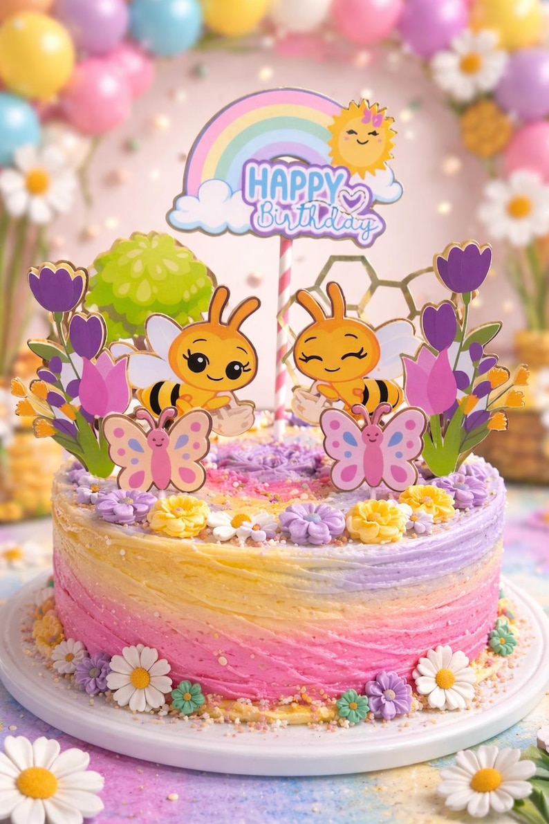 May include: A round cake with swirled pink, yellow, and purple frosting, decorated with small sugar flowers and a cake topper featuring two cartoon bees, two butterflies, purple tulips, and a rainbow sign that says Happy Birthday.