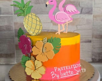 Flamingo Cake topper, flamingo and hibiscus, hibiscus cake topper, tropical cake topper