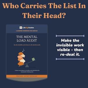 以下が含まれることがあります： カップル向けのデジタルワークブック「The Mental Load Audit」。表紙には「Who Carries The List In Their Head?」および「Make the invisible work visible - then re-deal it」というテキストが記載されています。シーソーと雲のグラフィックが描かれたダークブルーの表紙です。