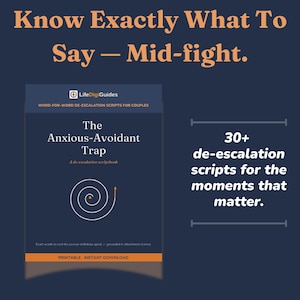 May include: A digital guide titled The Anxious-Avoidant Trap, featuring a spiral graphic and the text Know Exactly What To Say — Mid-fight. It includes 30+ de-escalation scripts for couples, with the subtitle A de-escalation scriptbook and printable instant download.