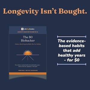 Op de afbeelding: Een digitale gids getiteld The $0 Biohacker van LifeDigiGuides met een donkerblauwe omslag en een oranje zon-icoon. De tekst luidt Longevity Isn't Bought, Longevity Basics For The Rest Of Us en The evidence-based habits that add healthy years - for $0.