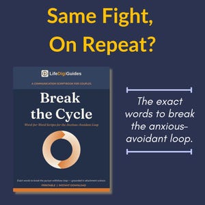 May include: A digital guide titled Break the Cycle, a communication scriptbook for couples. The cover features a circular gradient icon and text: Same Fight, On Repeat? The exact words to break the anxious-avoidant loop. Printable and instant download.