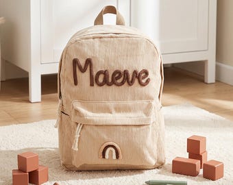 Zaino personalizzato ricamato, borsa per bambini con nome personalizzato, zaino scolastico in velluto a coste per bambini, zaino giornaliero per bambini, regalo per l'asilo
