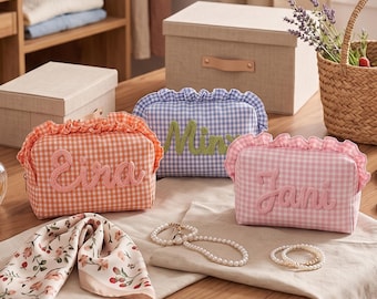 Custom Ruffle Cosmetic Bag, Personalized Gingham Makeup Pouch, Bridesmaid Gift, Wedding Day Essentials, Bridal Shower Favor