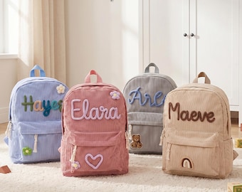 Custom Kids Backpack for Toddlers, Embroidered Name School Bag, Corduroy Daycare Travel Backpack Gift for Little Children