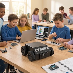 May include: A black four-wheeled robotic chassis with the text CCBOT printed on the side, positioned on a wooden table alongside various electronic components, circuit boards, a breadboard, and laptops used for programming and assembly.
