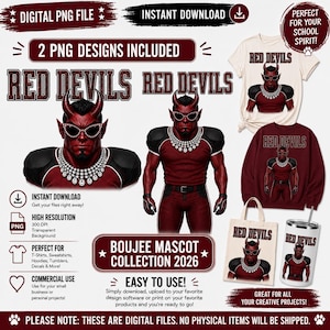 Puede incluir: Una colección gráfica digital que presenta una mascota de diablo rojo con gafas de sol de diamantes de imitación y un gran collar de cristal. El personaje se muestra en dos poses, con el texto RED DEVILS y BOUJEE MASCOT COLLECTION 2026.