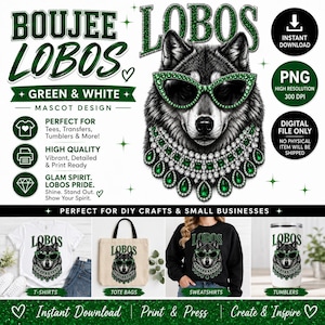 Mascota de lobo Boujee Lobos PNG / Glamour verde y blanco Descarga digital (PNG)