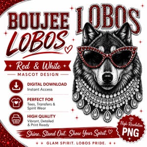 Mascota Boujee Lobos PNG, diseño de ropa escolar roja (descarga digital)