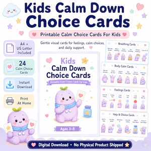 Op de afbeelding: Digitale download van printbare "Kids Calm Down Choice Cards" met een schattig cartoonontwerp. De kaarten bevatten ademhalings-, lichaams-, gevoelens- en hulpkeuzes. Geschikt voor kinderen van 3-8 jaar, A4- en US Letter-formaten.
