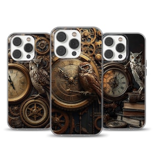 May include: Three phone cases with a steampunk owl design. The cases feature detailed illustrations of owls perched on antique clocks and gears, with a bronze and sepia color palette. The designs incorporate clock faces, gears, and other mechanical elements.
