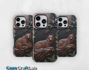 Wolf Moon Phone Case Wood Effect Intarsia Cover- iPhone 17 Pro Max, 17 Pro, 16, 15, 14, 13, Samsung S26 Ultra, 25, 24, 23, Pixel 10, 9, 8