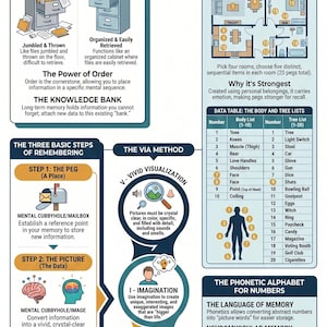 Può includere: Infografica educativa intitolata "Mastering Mega Memory" sulle tecniche di memoria. Include diagrammi, elenchi e ausili visivi per migliorare il ricordo, come la "House List" e la "Body List".