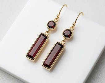14K Gold Plated Garnet Drop Earrings, Geometric Art Deco Dangle Jewelry