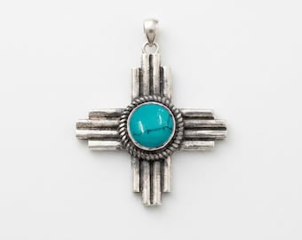 Sterling Silver Turquoise Zia Sun Pendant, Southwest Native Boho Necklace