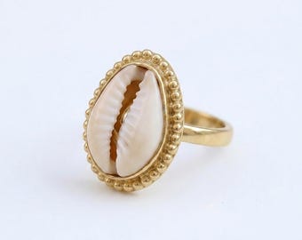 18K Vergoldet Kauri Muschel Ring, verstellbar Boho Strand Statement Schmuck