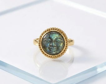 Mond Gesicht Labradorit Ring - geschnitzter himmlischer Statement Boho Schmuck