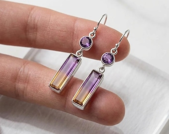 Natural Ametrine Drop Earrings Sterling Silver | Purple Gold Bicolor Gemstone Dangle