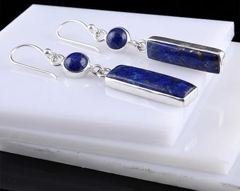Handmade Lapis Lazuli Bar Earrings | Sterling Silver Blue Gemstone Drops