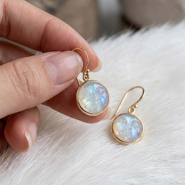 Rainbow Moonstone Moon Face Earrings, Gold Plated Celestial Dangle Jewelry