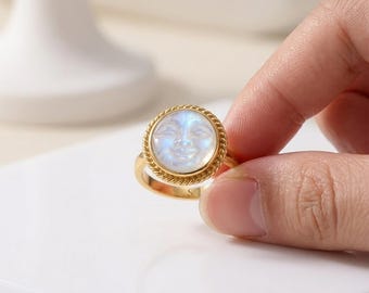 18K vergoldeter Sterlingsilber Mond Gesicht Mondstein Ring, himmlischen Boho Schmuck