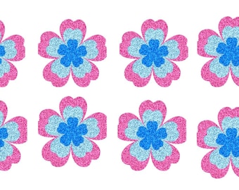 Pegatina de flor con purpurina: pétalos rosas, azules y superpuestos.