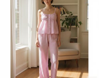 Striped Camisole & Loose Long Pants Loungewear Set, Comfortable Spring Pajamas