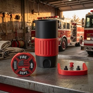 Könnte beinhalten: Ein schwarzer zylindrischer Behälter mit geripptem rotem Silikongriff, einem passenden roten Deckel mit kreisförmigem Fire Dept.-Emblem und amerikanischer Flagge sowie einem separaten roten U-förmigen Griffteil mit kleinen schwarzen und roten Befestigungsteilen.