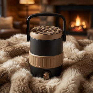 May include: A cylindrical beverage dispenser featuring a matte black body with a tan ribbed middle band and a matching tan lid adorned with a brown and black leopard print pattern. The unit includes a black top handle and a small tan spigot at the base.