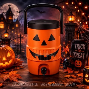 May include: A bright orange beverage cooler shaped like a jack-o'-lantern with a black lid, handle, and spigot. The cooler features a black triangular eye and nose design with a wide, jagged black mouth. Text at the bottom reads 3D PRINTABLE FILE.