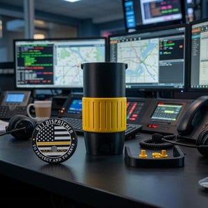 Op de afbeelding: Een zwarte beker met een brede gele textuur gripband en een ronde onderzetter met een zwart-witte Amerikaanse vlag, een dunne gele lijn en de tekst 911 DISPATCHER TO PROTECT AND TO SERVE met een hartslag EKG-lijn grafische afbeelding.