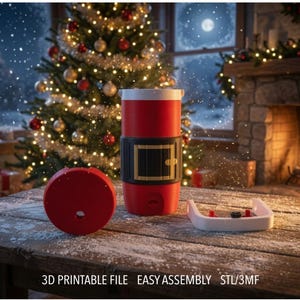 May include: A red and white cylindrical container featuring a black belt design with a gold buckle. The set includes a circular red lid with a center hole and a white base component. Text at the bottom reads: 3D PRINTABLE FILE EASY ASSEMBLY STL/3MF.