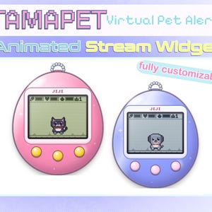 May include: Two egg-shaped virtual pet devices with pixelated screens displaying a cat and a dog named Jiji. The pink device has yellow buttons, and the purple device has pink buttons. Text reads TAMAPET Virtual Pet Alerts, Animated Stream Widget, and fully customizable.